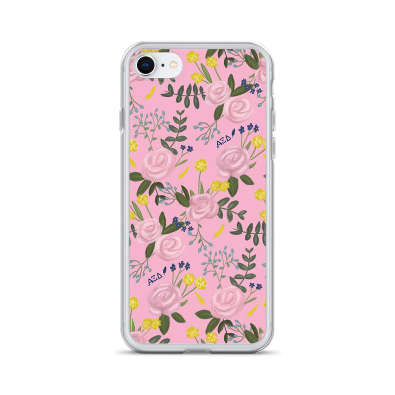 Alpha Xi Delta Pink Floral iPhone Case shown on iPhone 7 and 8