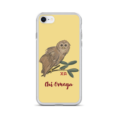 Chi Omega Gold Owl Mascot iPhone Case shown on iPhone 7 annd 8