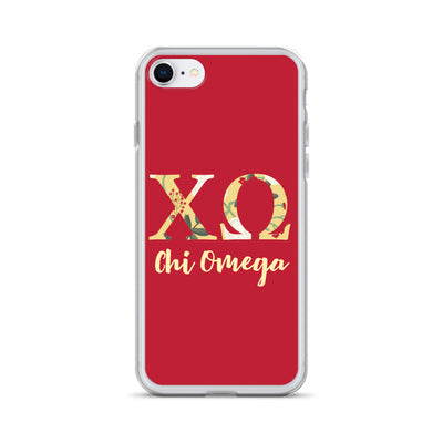 Chi Omega Greek Letters Cardinal Red iPhone Case shown on iPhone 7 and 8