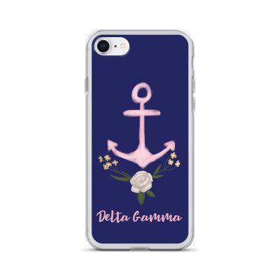 Delta Gamma Pink Anchor Navy Blue iPhone Case shown on iPhone 7 or 8