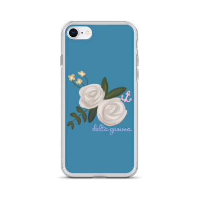 Delta Gamma Rose and Anchor Turquoise iPhone Case shown on iPhone 7 and 8