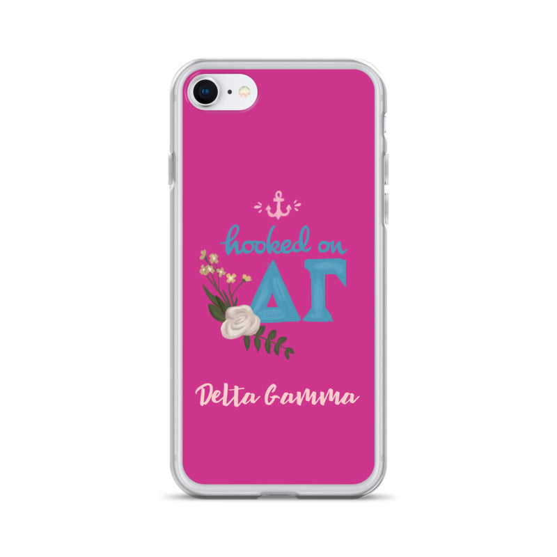 Delta Gamma Hooked on DG Pink iPhone Case shown on iPhone 7 and 8