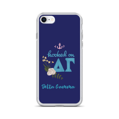 Delta Gamma Hooked on DG Navy Blue iPhone Case in Navy blue shown on iPhone 7 or 8