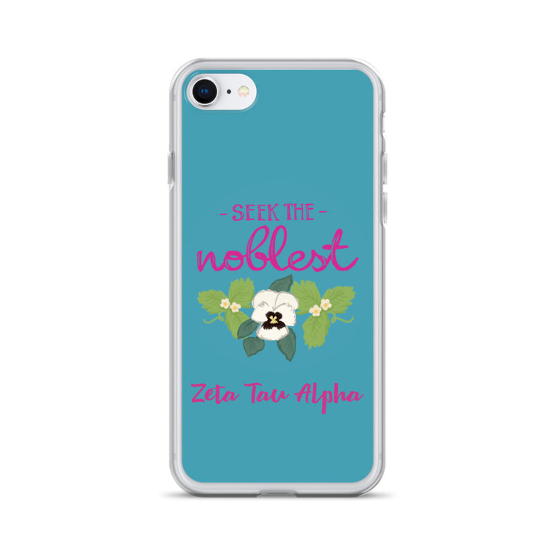 Zeta Tau Alpha Seek The Noblest Turquoise iPhone Case shown on an iPhone 7 or iPhone 8