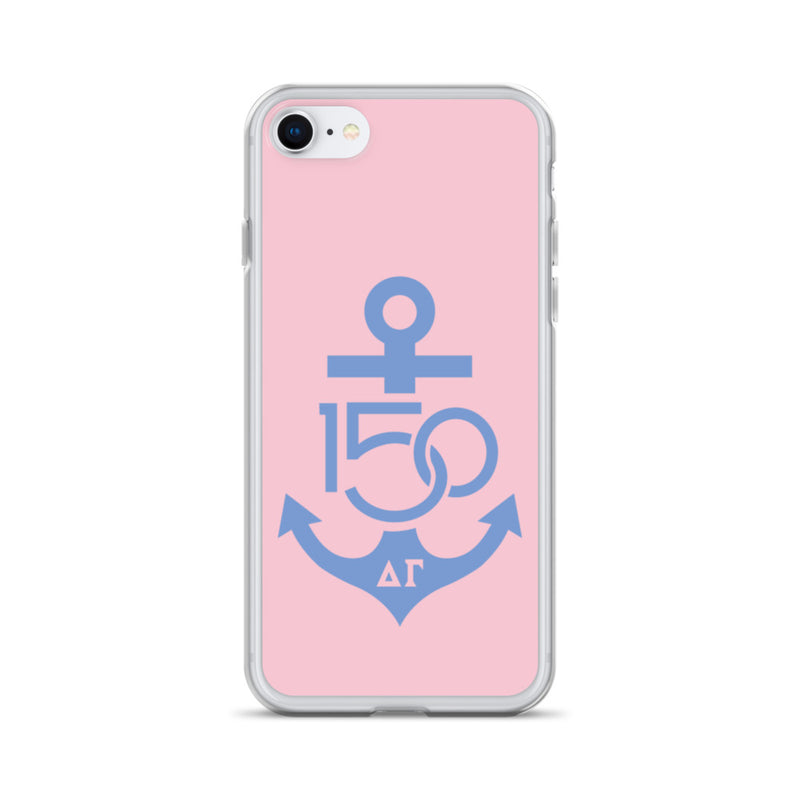Delta Gamma 150th Anniversary Pink Blue iPhone Case shown on iPhone 7 or 8
