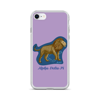 Alpha Delta Pi sorority mascot, Alphie, shown on blue background on purple iPhone case.