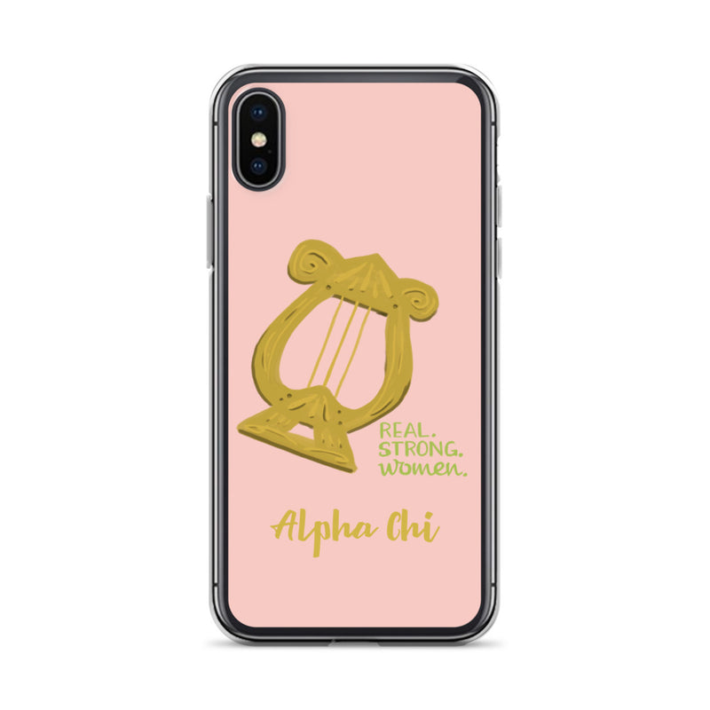 Alpha Chi Omega pink iPhone case with Lyre and words Real Strong Women and Alpha Chi on iPhone X and iPhone XS phone case. 