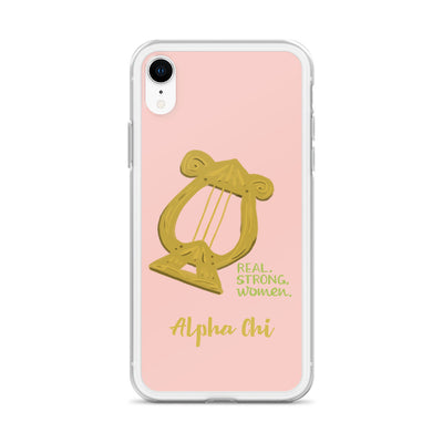 Alpha Chi Omega pink iPhone case with Lyre and words Real Strong Women and Alpha Chi on iPhone XR phone case. 