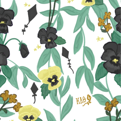 Kappa Alpha Theta Pansy Floral Print showing hand drawn elements