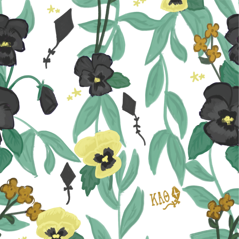 Kappa Alpha Theta Pansy Floral Print showing hand drawn elements