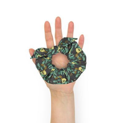 Kappa Alpha Theta Floral Print Scrunchie showing hand drawn pansy design and bow