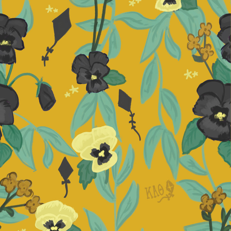 Kappa Alpha Theta Pansy Floral Print in gold showing hand drawn elements in detail