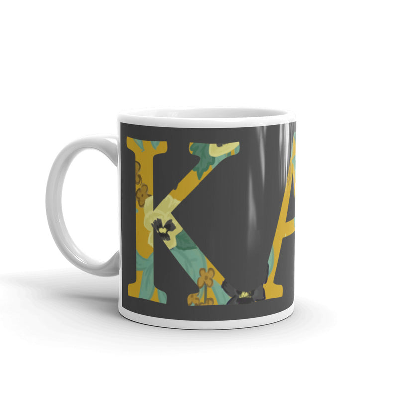Kappa Alpha Theta Greek Letters Mug showing floral print filled letters