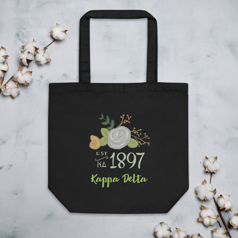Kappa Delta 1897 Eco Tote Bag shown flat with cotton blossoms