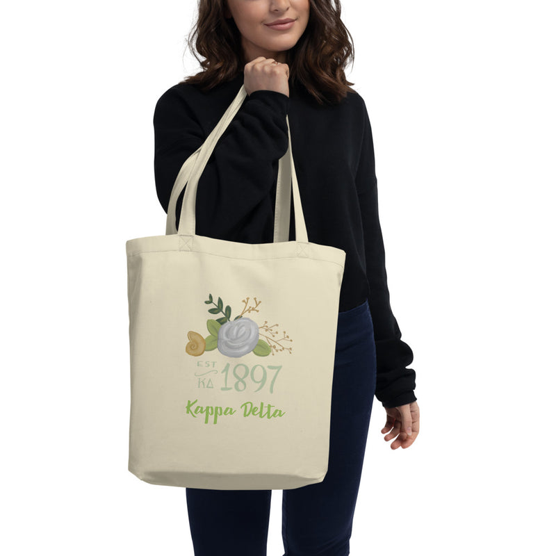 Kappa Delta 1897 Sororityy Tote Bag in natural oyster color shown on model&