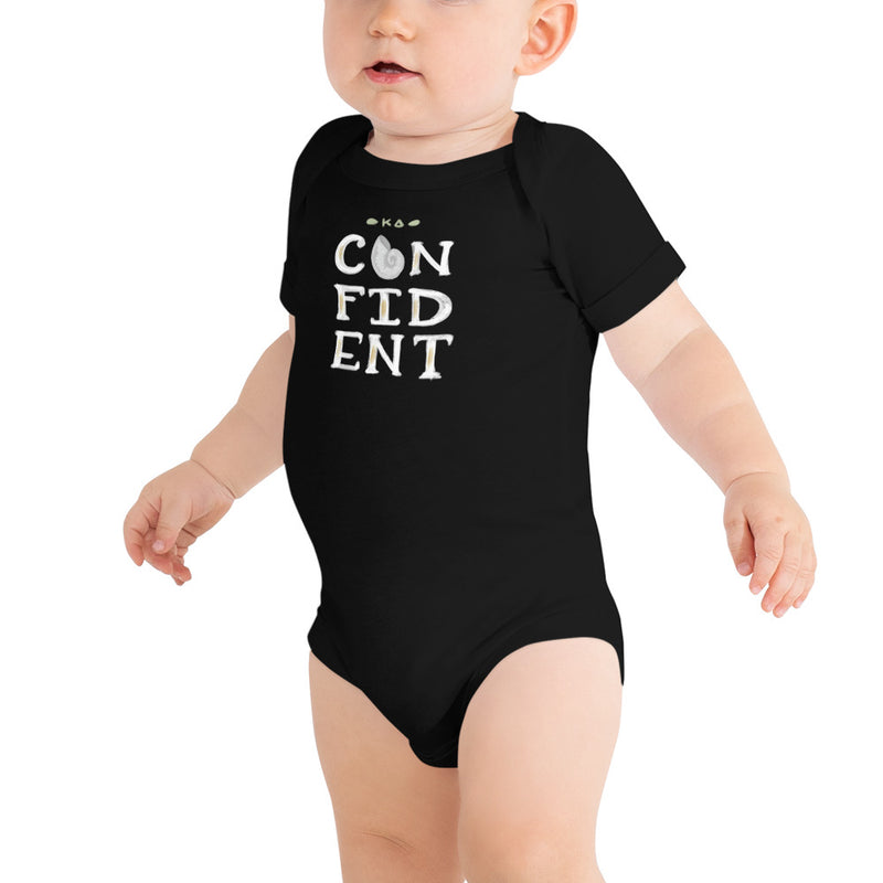 Kappa Delta KD Confident Baby Onesie in black shown on infant model