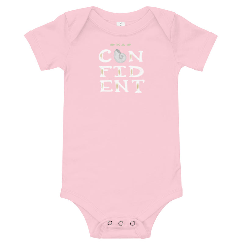 Kappa Delta KD Confident Baby Onesie in pink shown flat with hand-drawn design