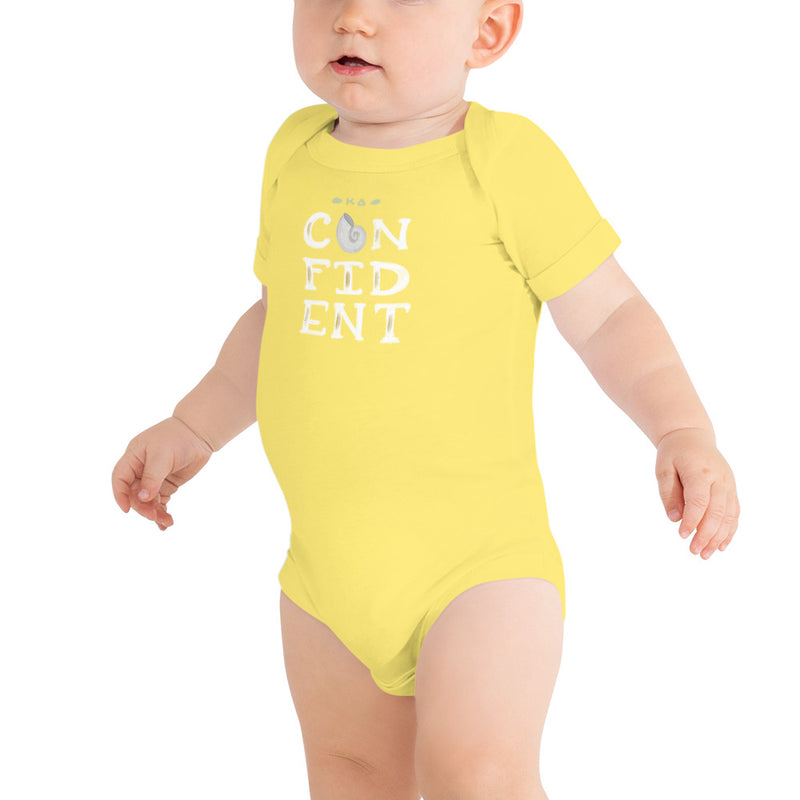 Kappa Delta KD Confident Baby Onesie in yellow with hand-drawn KD Confident design