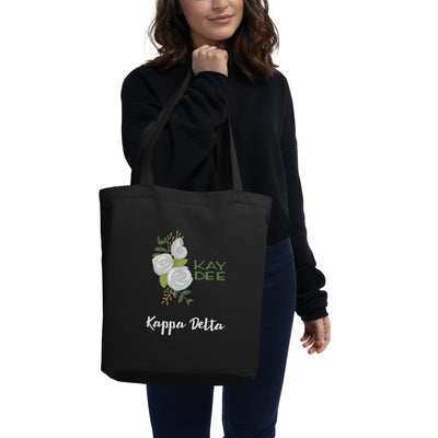 Kappa Delta Kay Dee White Rose Eco Tote Bag in black on model