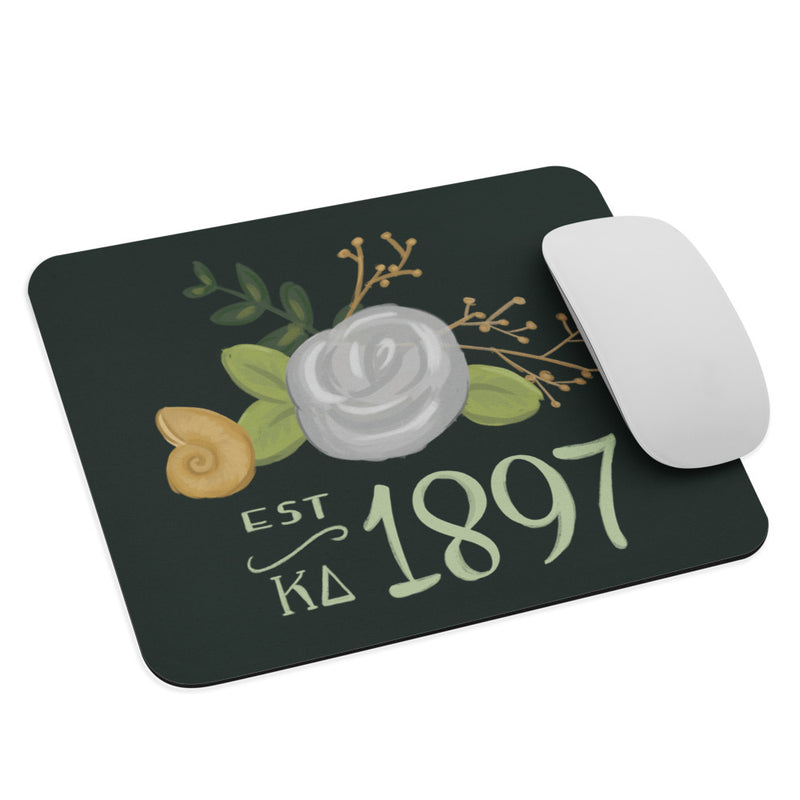 Kappa Delta 1897 Mouse Pad shown with mouse and dark green background