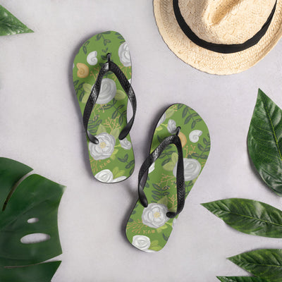 Kappa Delta Floral Print Flip-Flops in green shown in lifestyle setting