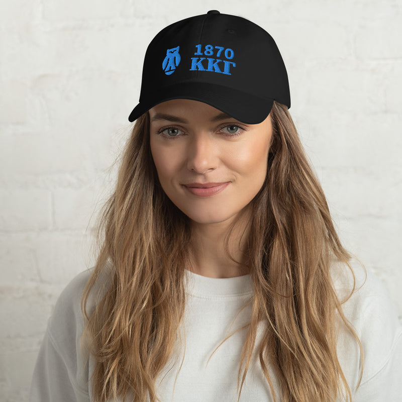 Kappa Kappa Gamma 1870 baseball cap embroidered with founding year, letters and owl on black cap