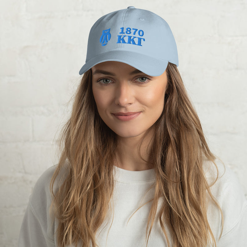 Kappa Kappa Gamma 1870 baseball cap embroidered with founding year, letters and owl on light blue cap
