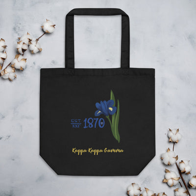 Kappa Kappa Gamma 1870 tote bag in black with founding year design on front of a black canvas shopping tote.