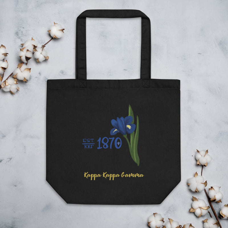 Kappa Kappa Gamma 1870 tote bag in black with founding year design on front of a black canvas shopping tote.