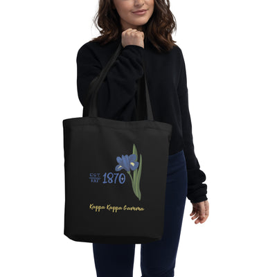 Kappa Kappa Gamma 1870 Founding Date Eco Tote Bag in black shown on model's arm