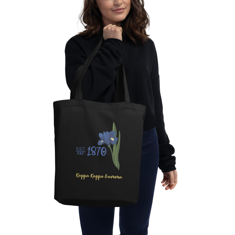 Kappa Kappa Gamma 1870 Founding Date Eco Tote Bag in black shown on model&