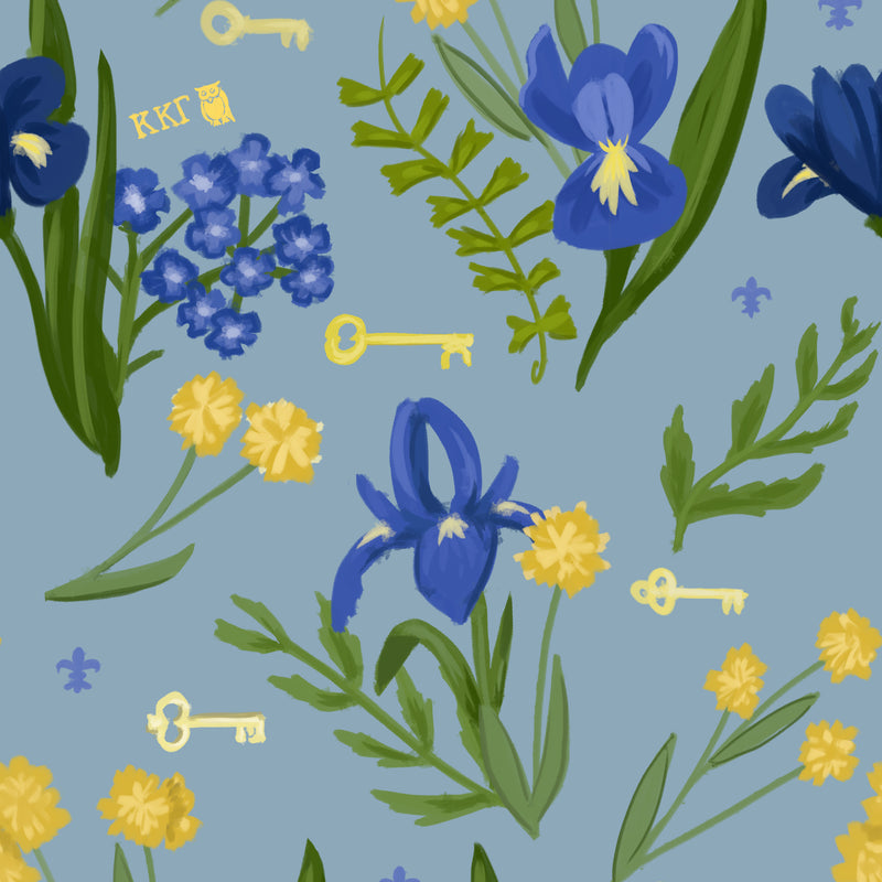 Kappa Kappa Gamma Sorority Leggings close up of fleur de lis floral print in blue