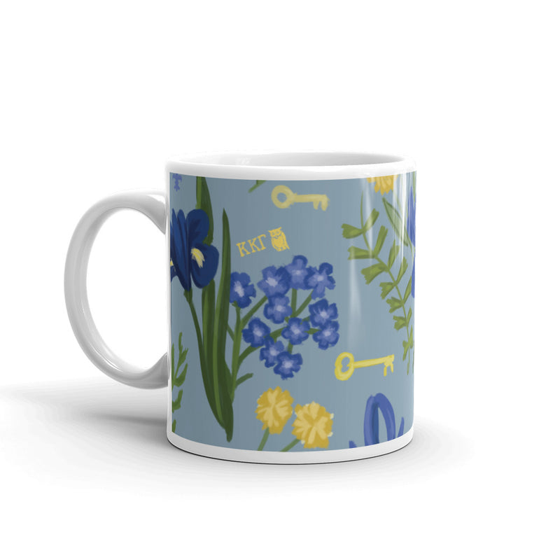 Kappa Kappa Gamma blue Fleur de Lis Floral Print Mug in 11 oz size with handle on left