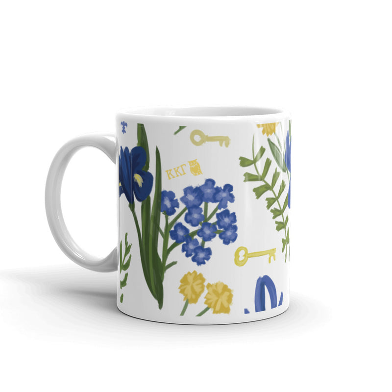 Kappa Kappa Gamma Floral Print White Mug in 11 oz size with handle on left