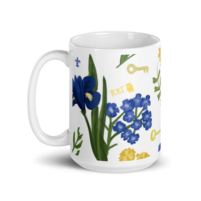 Kappa Kappa Gamma Floral Print White Mug in 15 oz size with handle on left