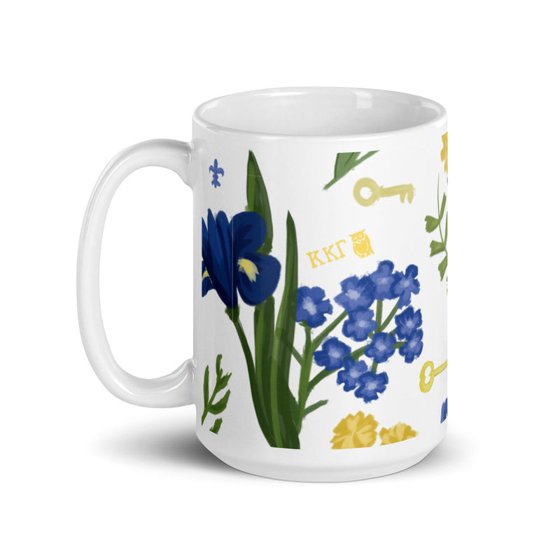 Kappa Kappa Gamma Floral Print White Mug in 15 oz size with handle on left