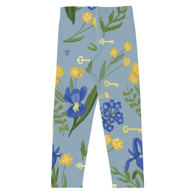 Kappa Kappa Gamma Floral Print Kid's Leggings, Sea Blue showing design laid flat
