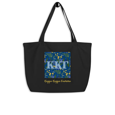 Kappa Kappa Gamma Letters tote with Fleur de Lis floral print shown hanging on a hook 