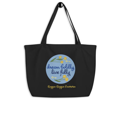 Kappa Kappa Gamma Dream Boldly. Live Fully. Large Eco Tote Bag shown hanging on a hook