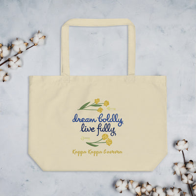 Kappa Kappa Gamma Dream Boldly. Live Fully. Large Eco Tote Bag in natural oyster shown flat with cotton blossoms