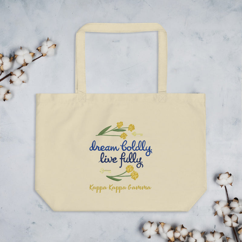 Kappa Kappa Gamma Dream Boldly. Live Fully. Large Eco Tote Bag in natural oyster shown flat with cotton blossoms
