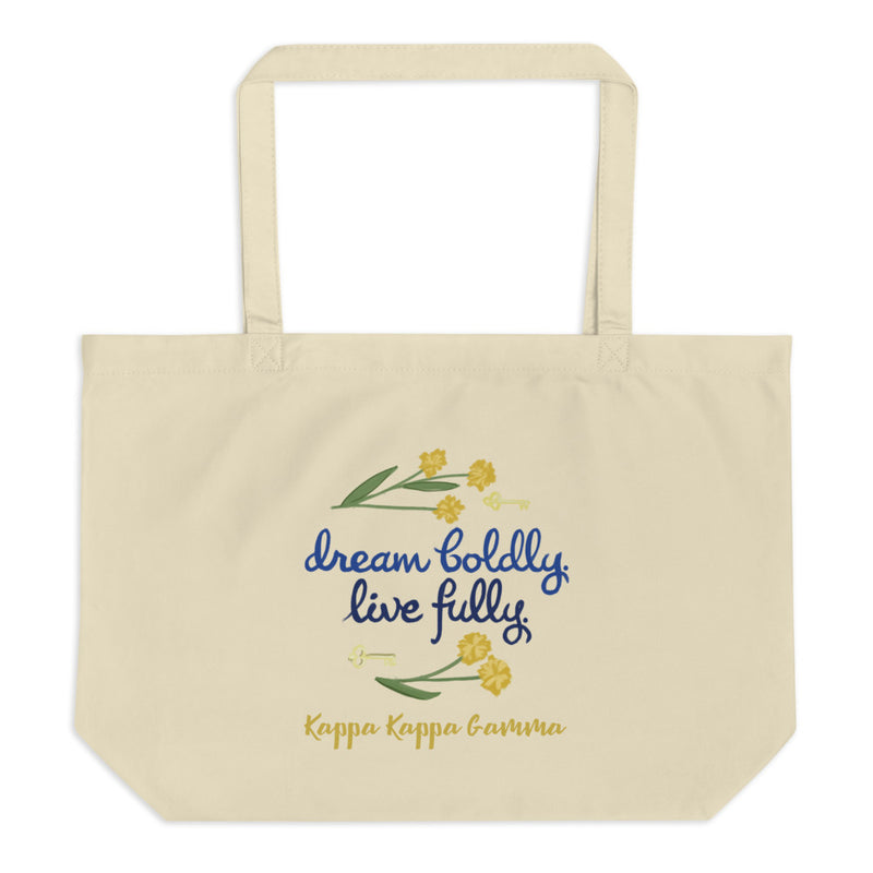 Kappa Kappa Dream Boldly. Live Fully. motto design printed on a certified organic natural canvas shopping tote.