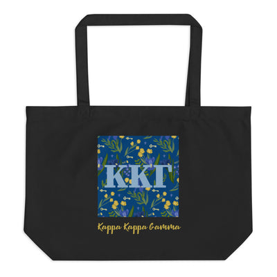 Kappa Kappa Gamma Letters Large Tote Bag printed on a black canvas shopping tote shown flat.