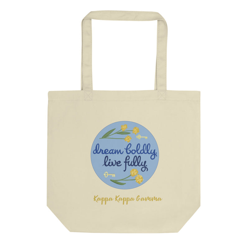 Kappa Kappa Gamma Dream Boldly. Live Fully. motto printed on a natural canvas bag in natural oyster