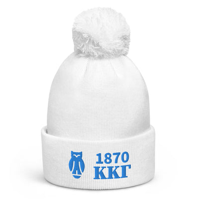 Kappa Kappa Gamma 1870 Pom Pom Beanie in white embroidered with founding year, letters and owl symbol shown in full view
