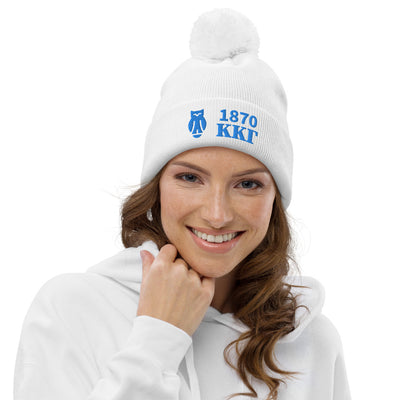 Kappa Kappa Gamma 1870 Pom Pom Beanie in white embroidered with founding year, letters and owl symbol