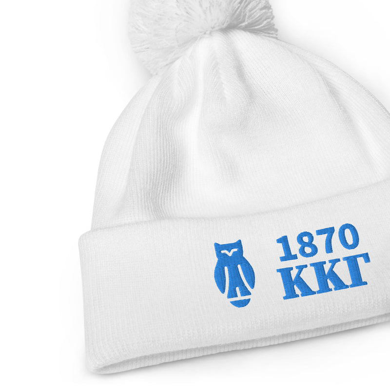Kappa Kappa Gamma 1870 Pom Pom Beanie in white embroidered with founding year, letters and owl symbol showing product details