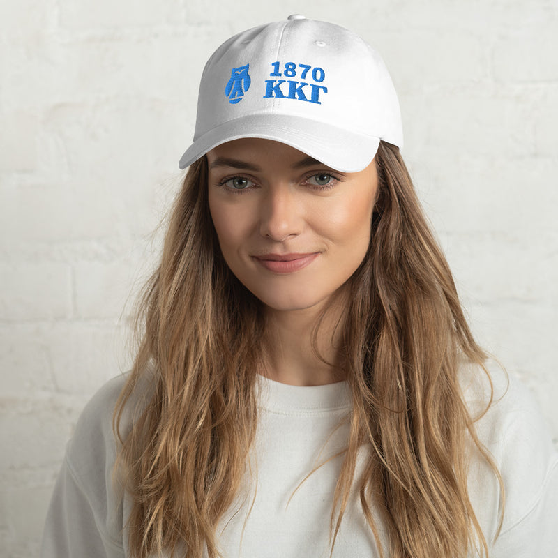 Kappa Kappa Gamma 1870 baseball cap embroidered with founding year, letters and owl on white cap