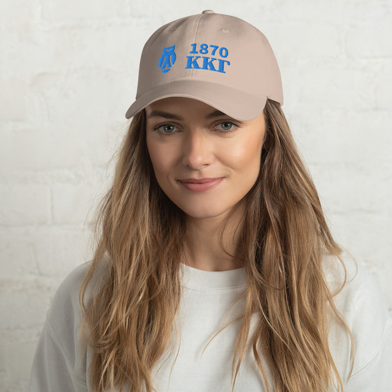 Kappa Kappa Gamma 1870 baseball cap embroidered with founding year, letters and owl on stone color cap