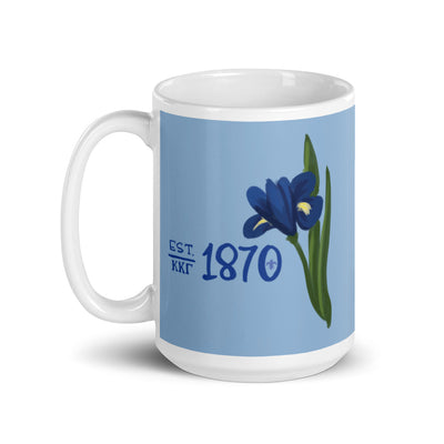 Kappa Kappa Gamma 1870 sorority mug with founding year design in Blue in 15 oz size with handle on left